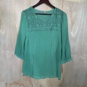 Women's Crochet Yoke Tunic Top in Teal Green